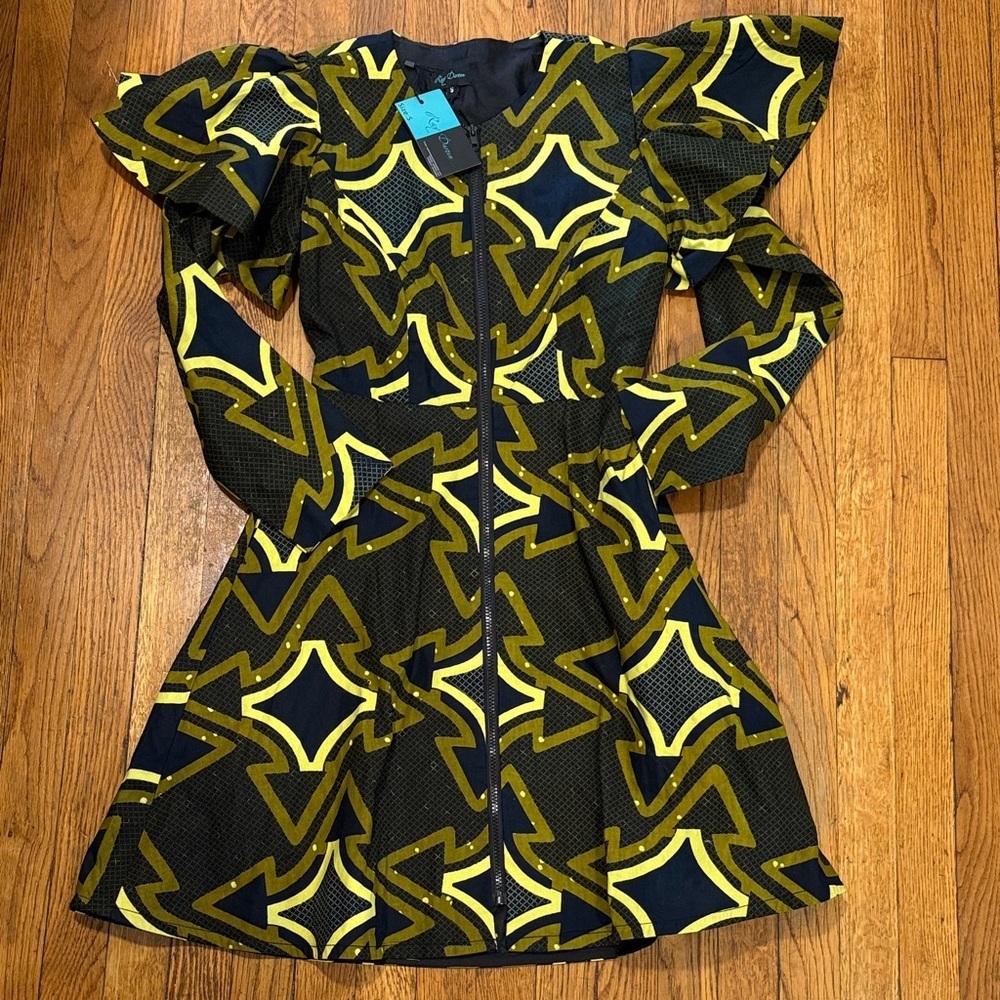 NWT Ray Darten Geometric African print Kenya zip jacket  Dress Ruffle Sleeve S